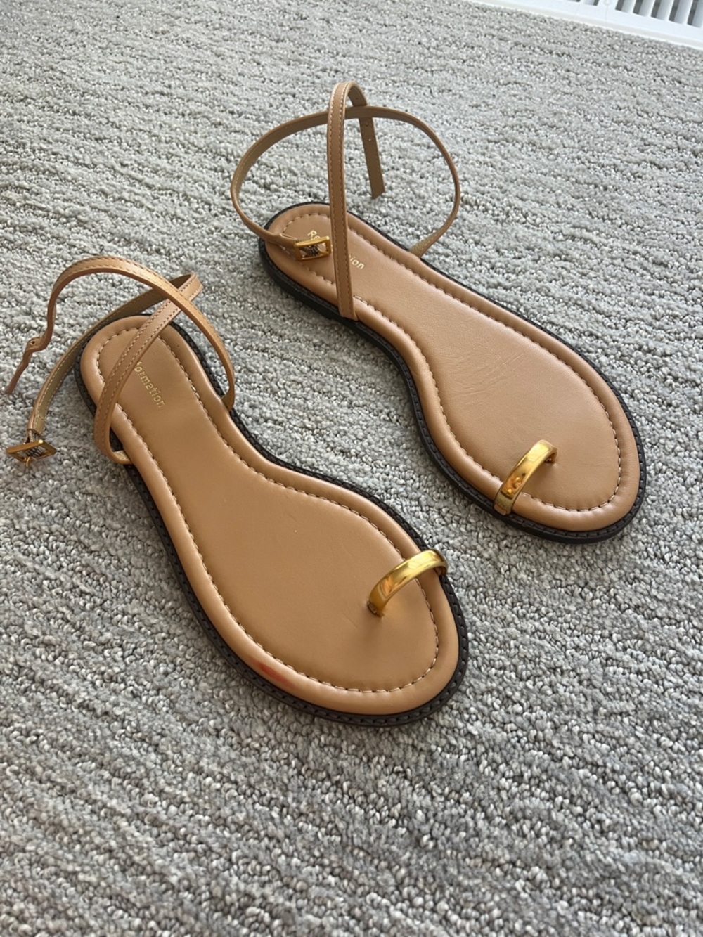 Reformation Cindy Tan Ankle-Tie Flat Sandals with Gold Toe Ring